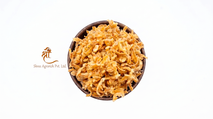 Pink corn-coated fried onion, extra crunch, uniform golden finish, export-grade